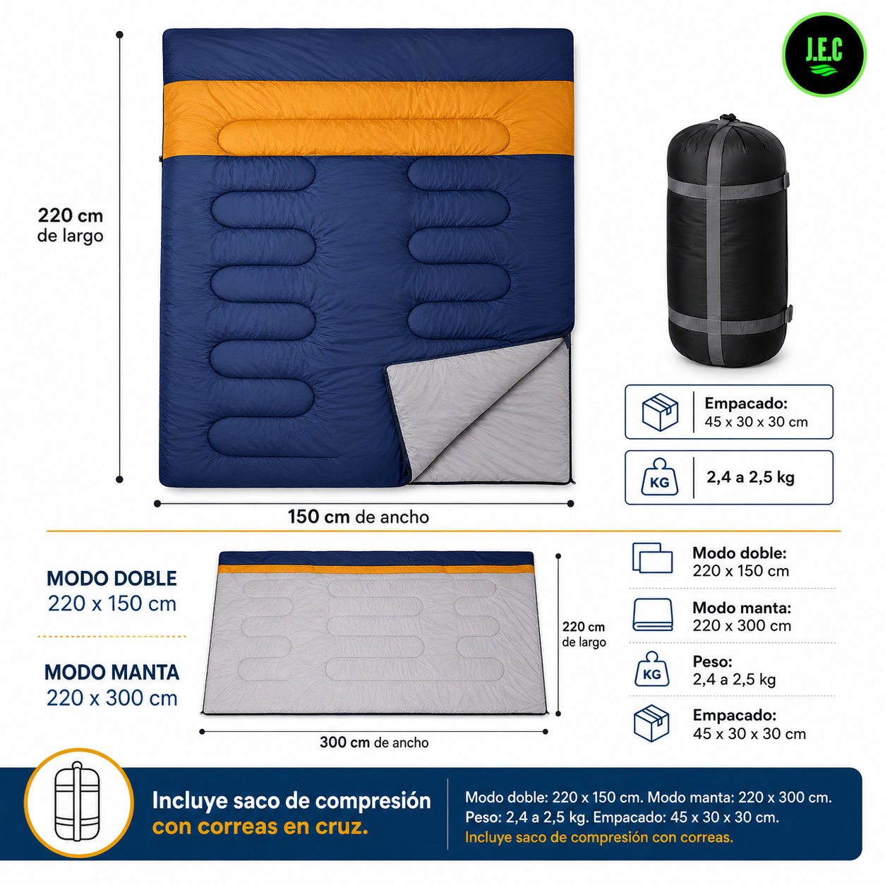Saco De Dormir Doble 3 En 1 Ultraligero Invierno Azul Marino-5