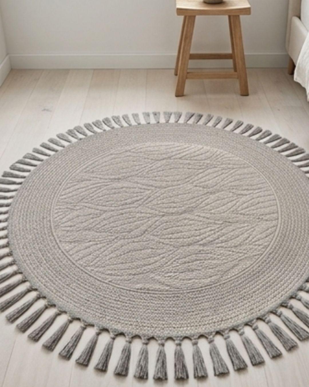 Alfombra Redonda de Sisal y Algodón - Diseño Botánico con Borlas WM-3