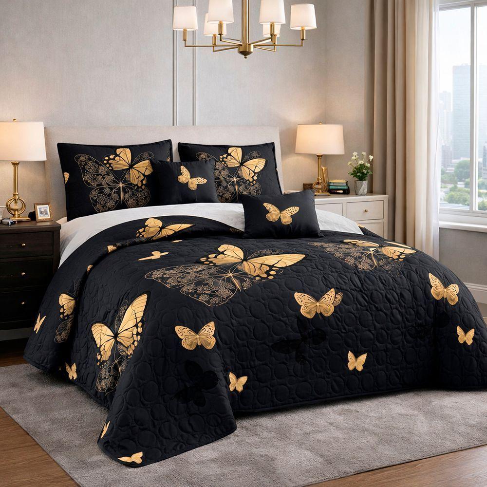 Cobertor Quilt Verano 2 Plazas Azul Marino Con Mariposas-2