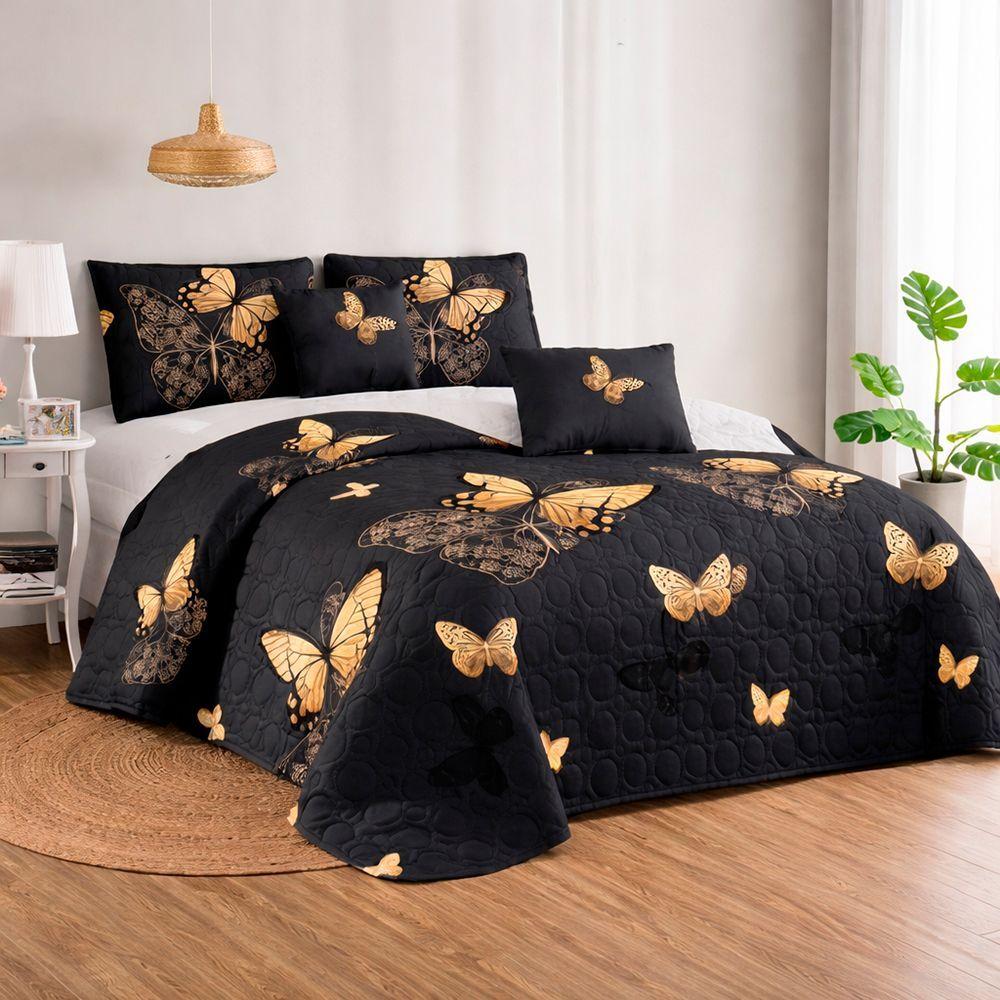 Cobertor Quilt Verano 2 Plazas Azul Marino Con Mariposas-3