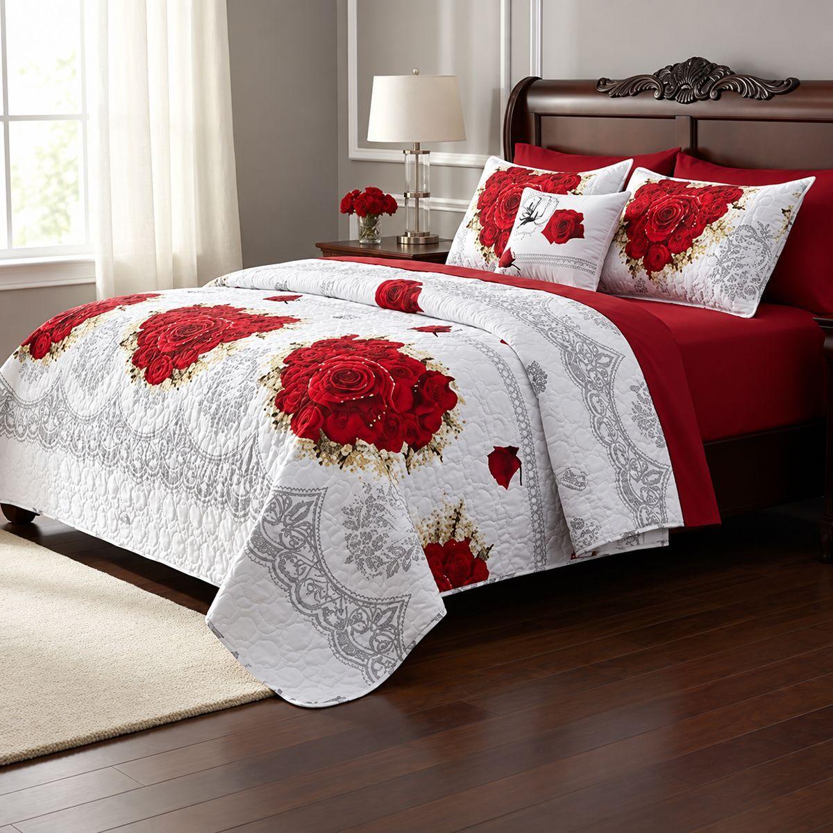 Cubrecama De Verano 2 Plazas Blanco Con Rosas Rojas-5