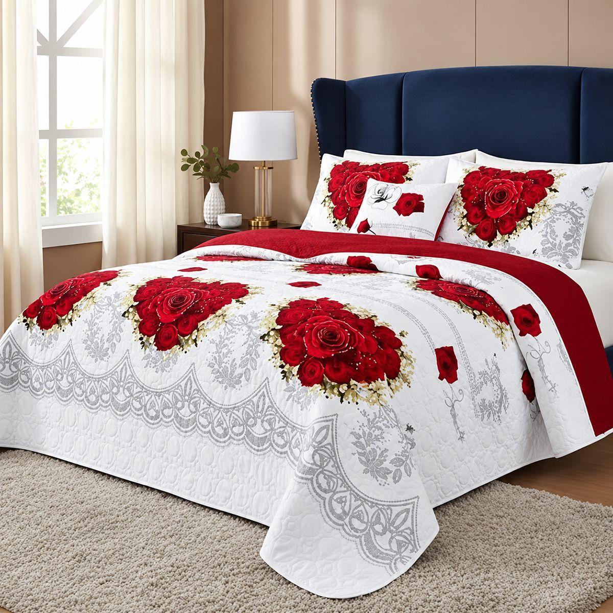 Cubrecama De Verano 2 Plazas Blanco Con Rosas Rojas-6