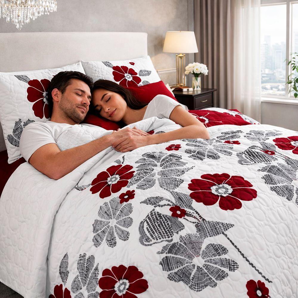 Cubrecama Quilt Verano 2P Blanco Rojo Floreado-1