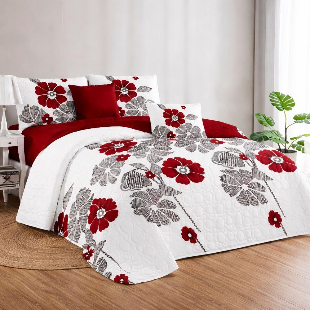 Cubrecama Quilt Verano 2P Blanco Rojo Floreado-3
