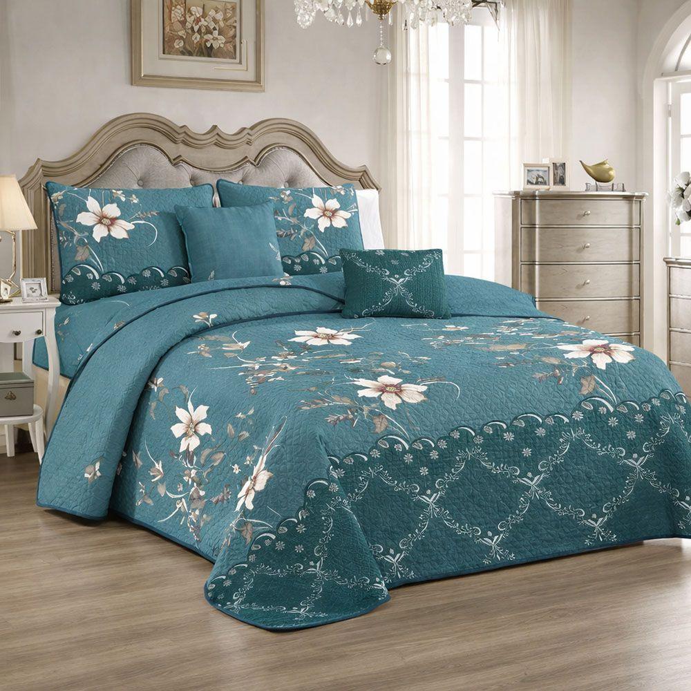 Cubrecama Quilt De Verano 2 Plazas Verde Con Flores-3