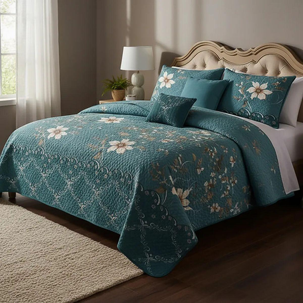 Cubrecama Quilt De Verano 2 Plazas Verde Con Flores-4