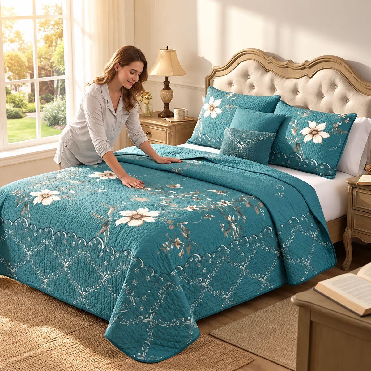 Cubrecama Quilt De Verano 2 Plazas Verde Con Flores-5