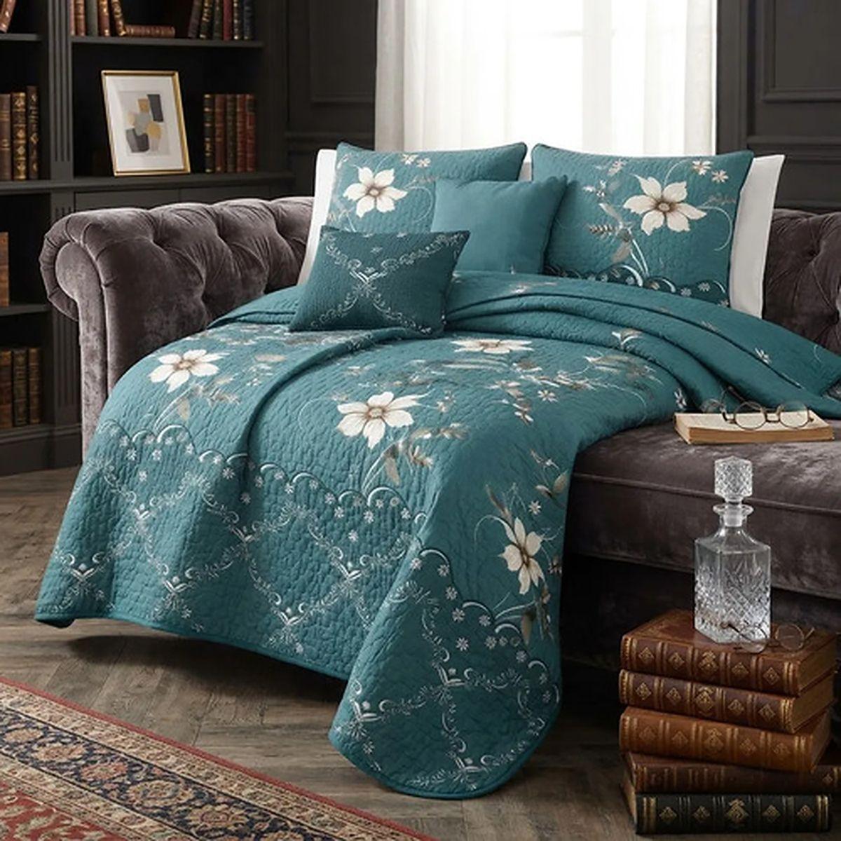 Cubrecama Quilt De Verano 2 Plazas Verde Con Flores-6