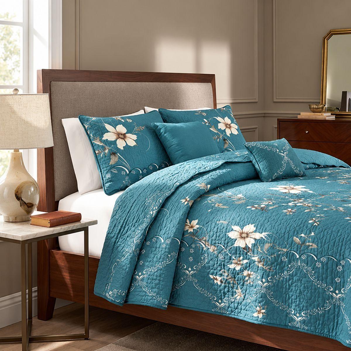 Cubrecama Quilt De Verano 2 Plazas Verde Con Flores-7
