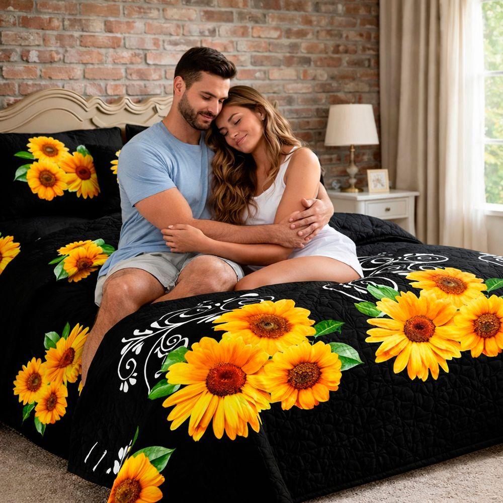 Cobertor Quilt De Verano 2 Plazas Negro Con Girasoles-2