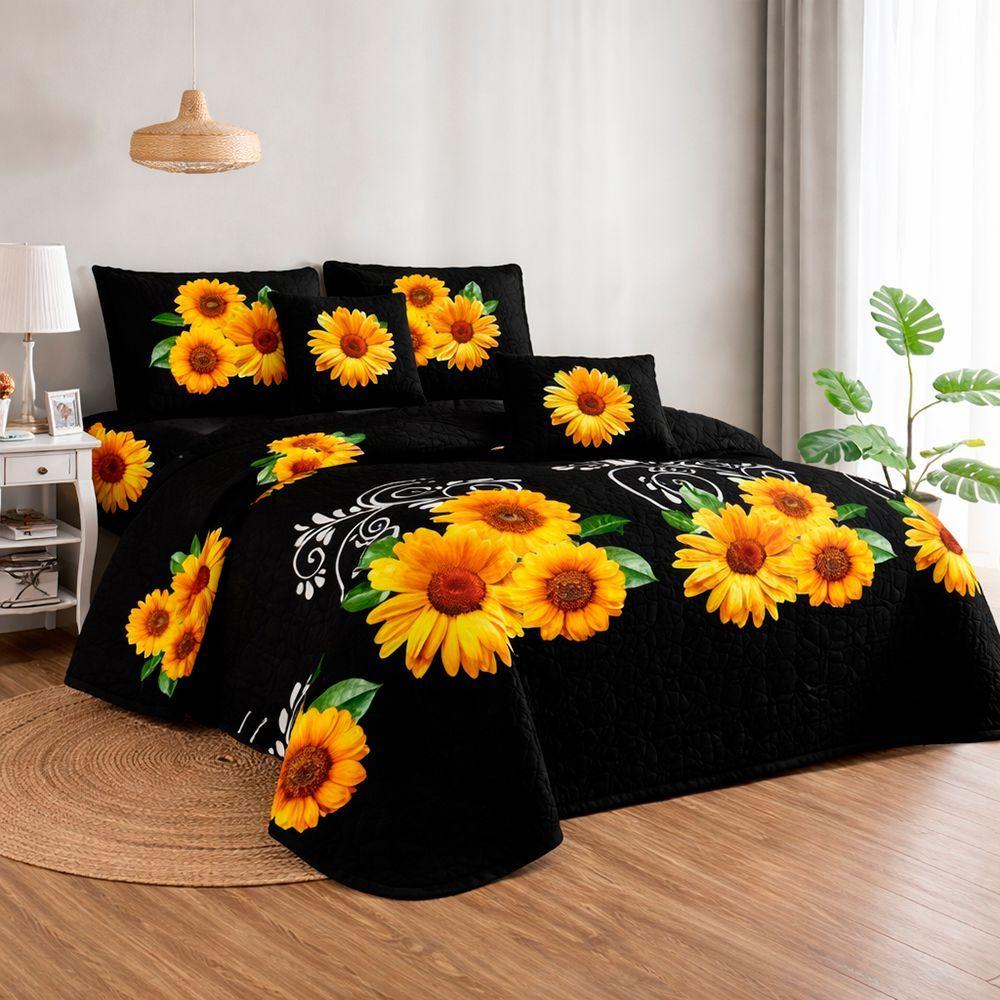 Cobertor Quilt De Verano 2 Plazas Negro Con Girasoles-3