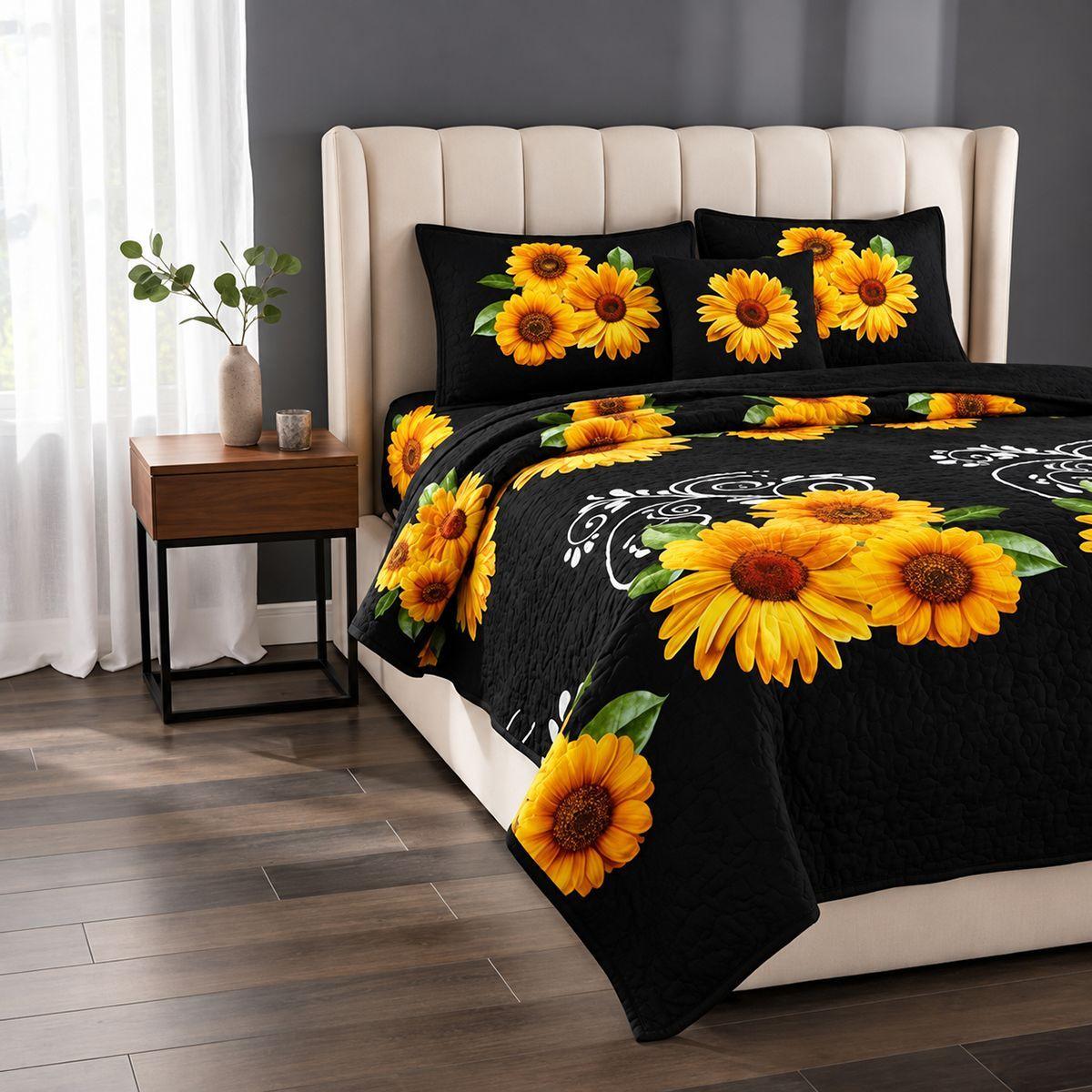 Cobertor Quilt De Verano 2 Plazas Negro Con Girasoles-4