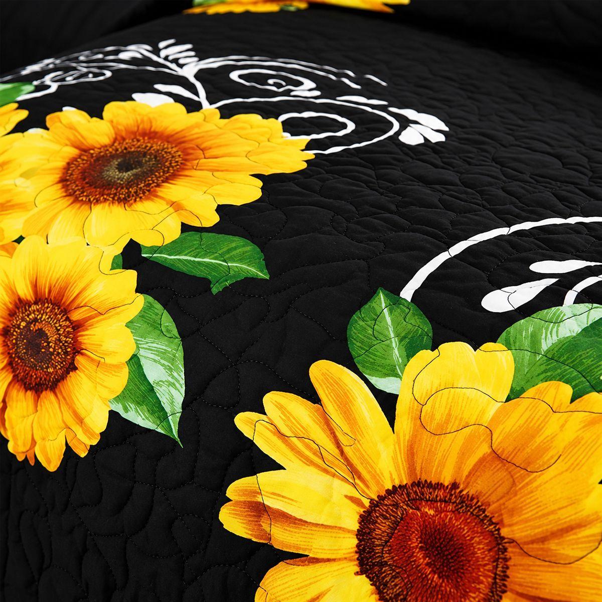Cobertor Quilt De Verano 2 Plazas Negro Con Girasoles-5