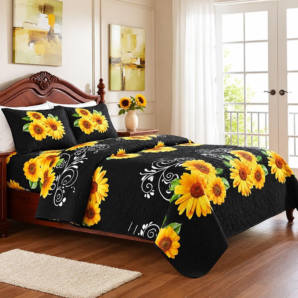 Cobertor Quilt De Verano 2 Plazas Negro Con Girasoles-6