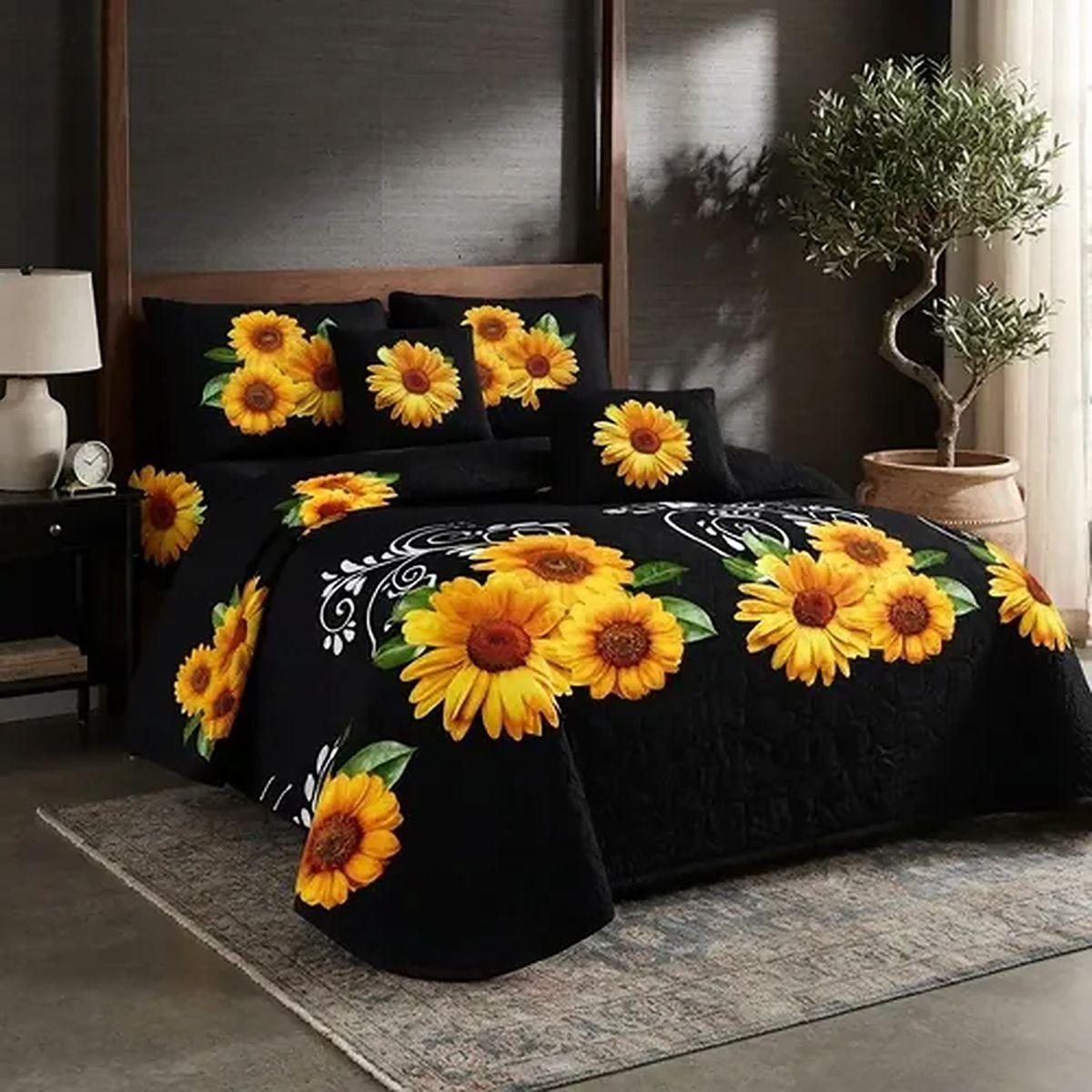 Cobertor Quilt De Verano 2 Plazas Negro Con Girasoles-7