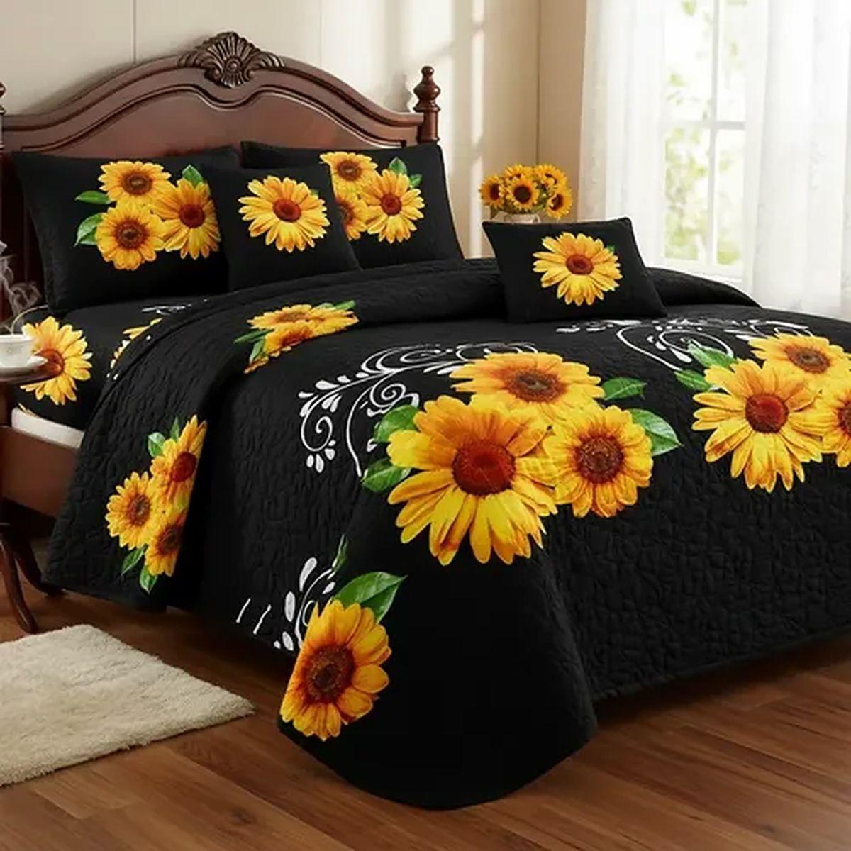 Cobertor Quilt De Verano 2 Plazas Negro Con Girasoles-8