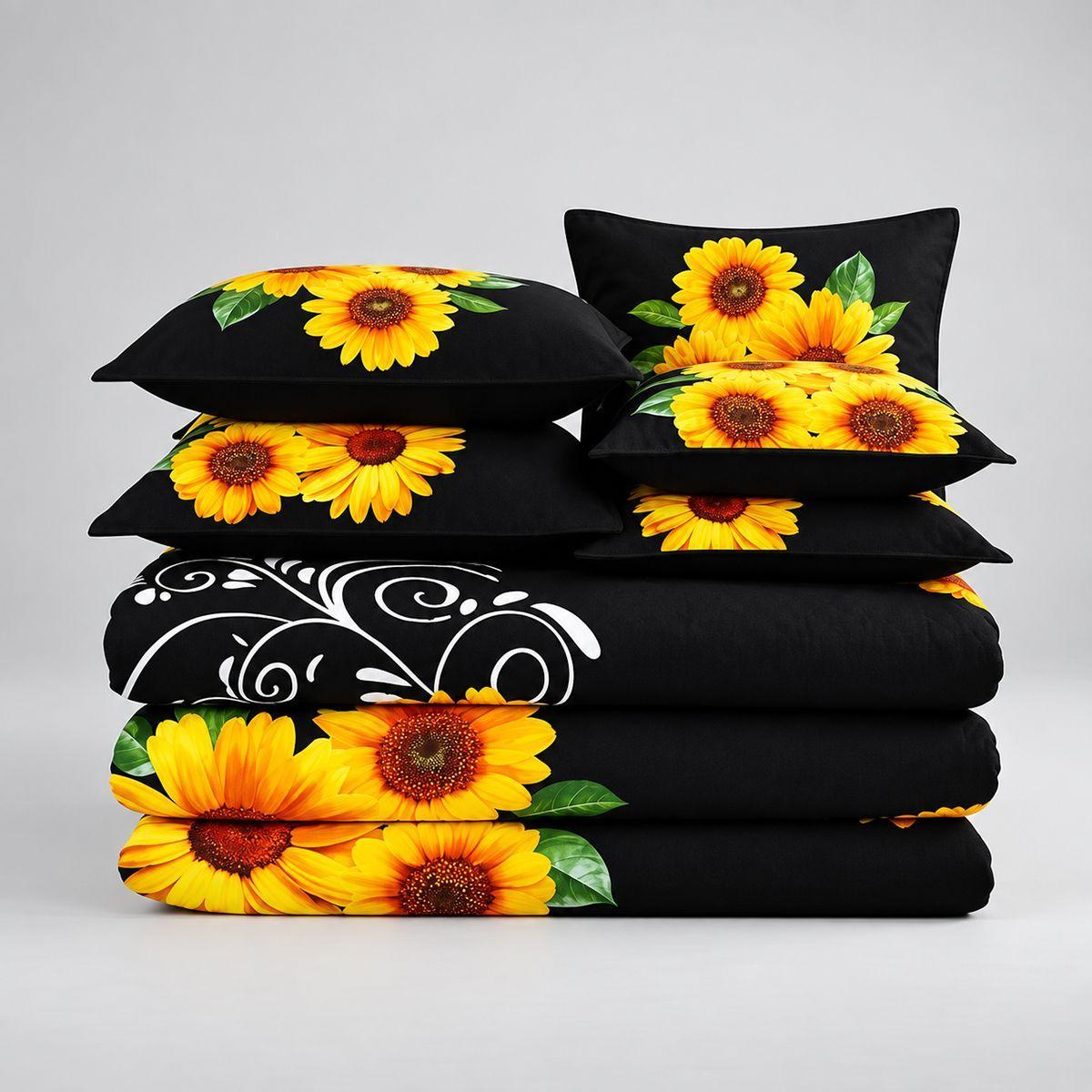 Cobertor Quilt De Verano 2 Plazas Negro Con Girasoles-9