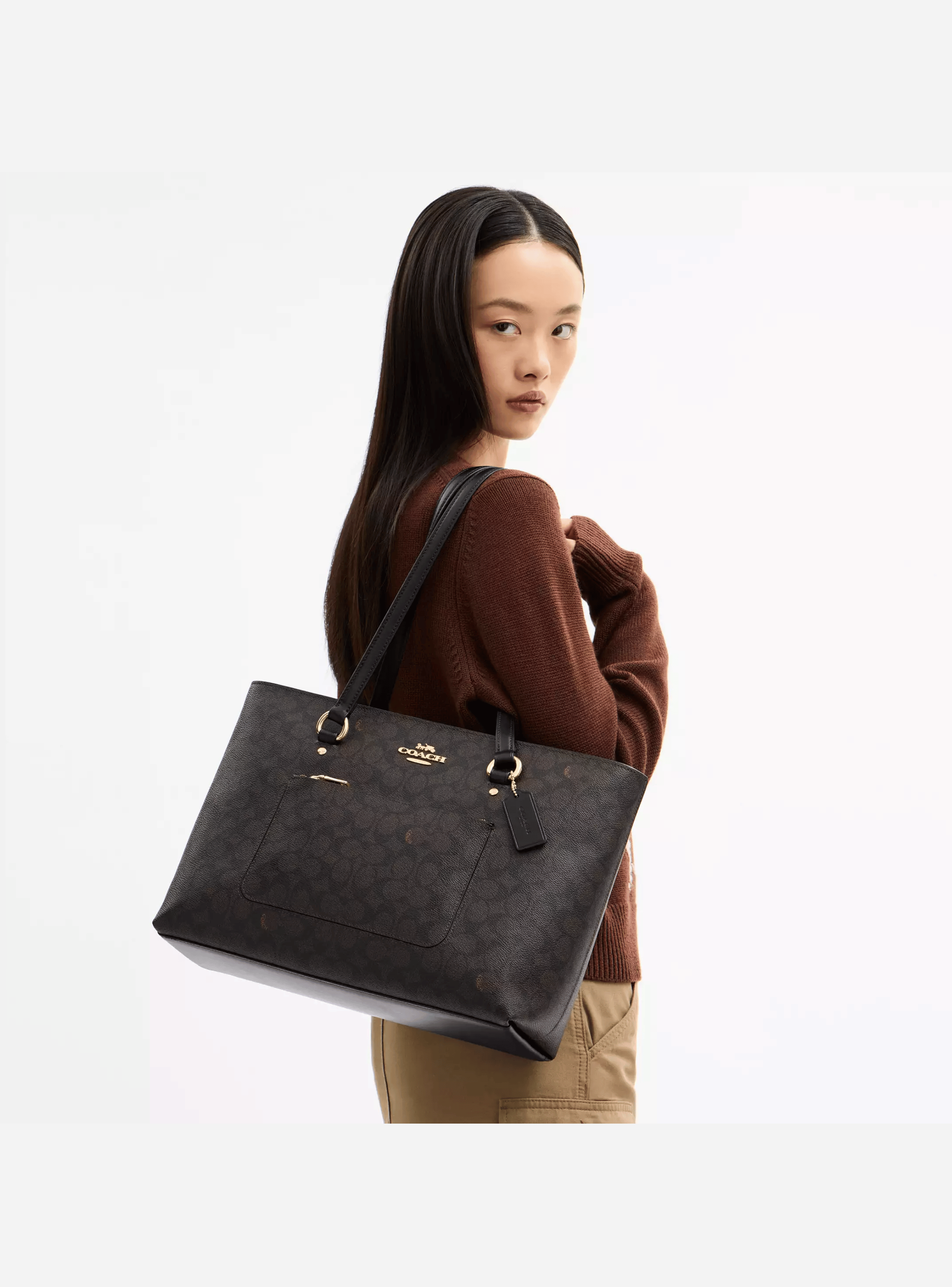 Tote Coach Station Signature Canvas Walnut Black-5