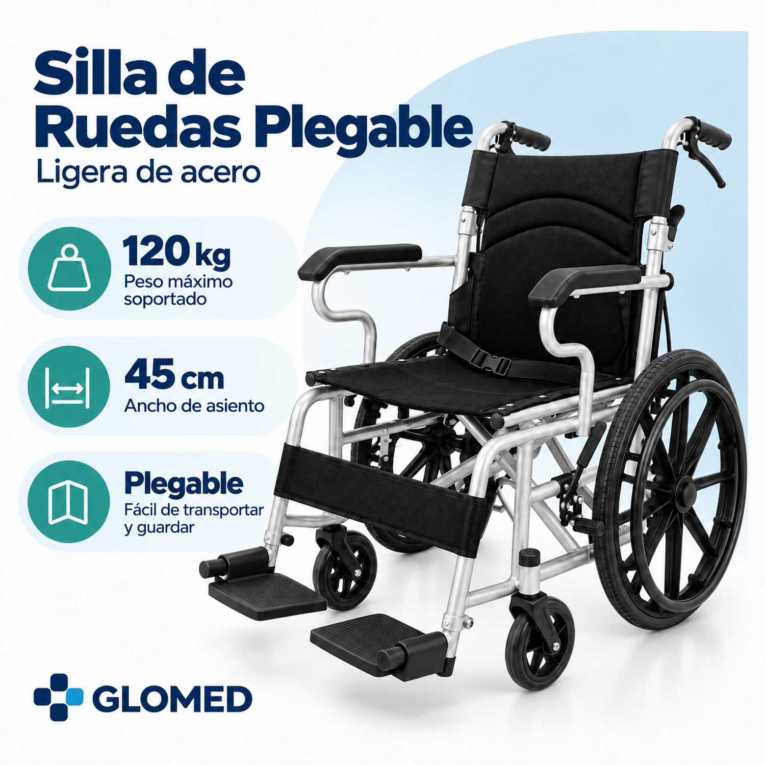 Silla de Ruedas Plegable Ligera de Acero-1