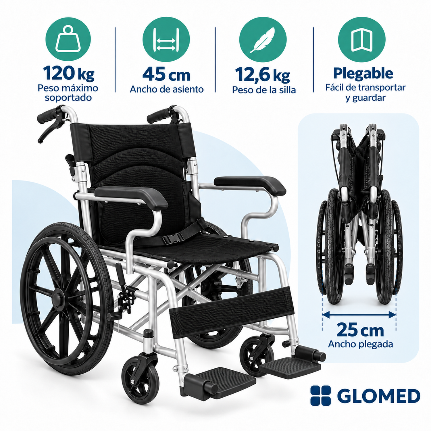 Silla de Ruedas Plegable Ligera de Acero-4