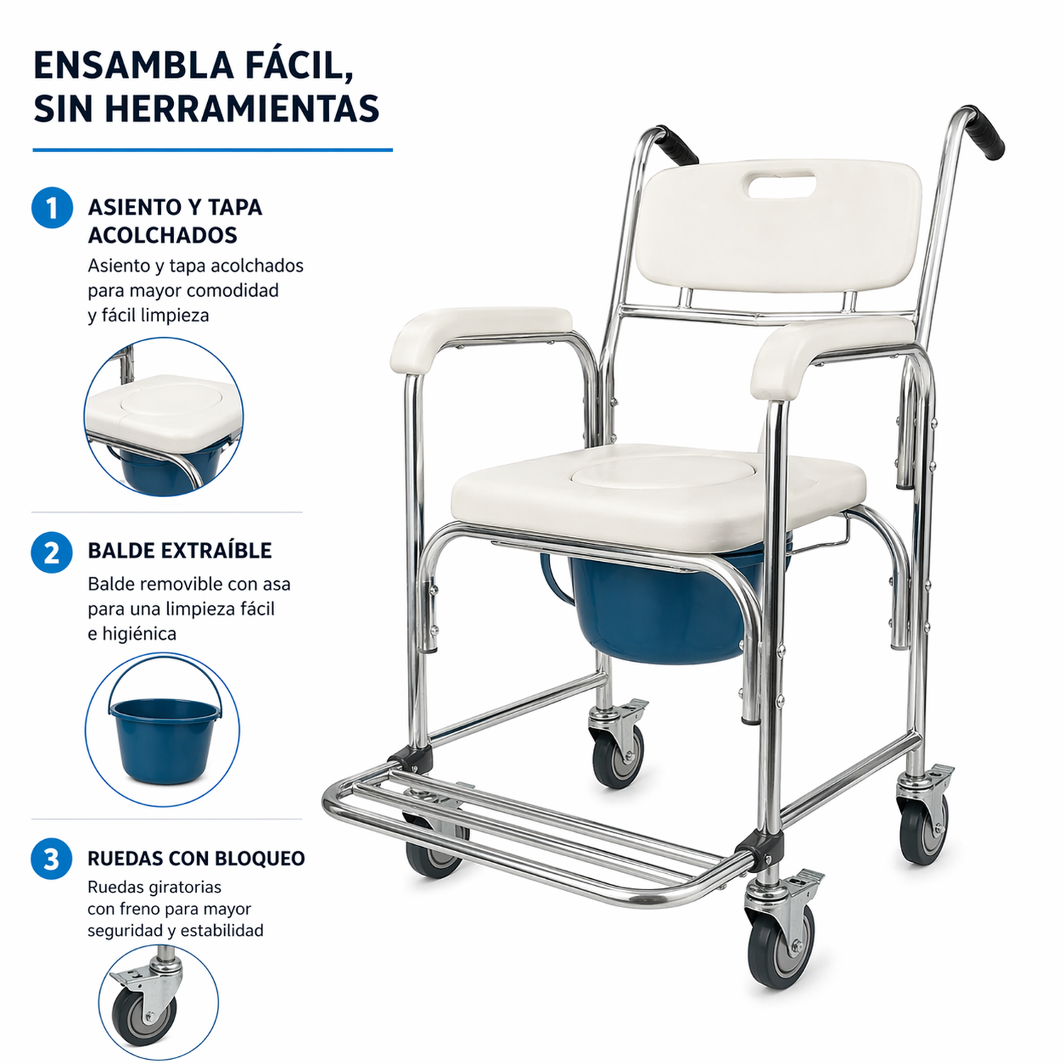 Silla De Baño Con Ruedas y Reposapiés 3 En 1-2