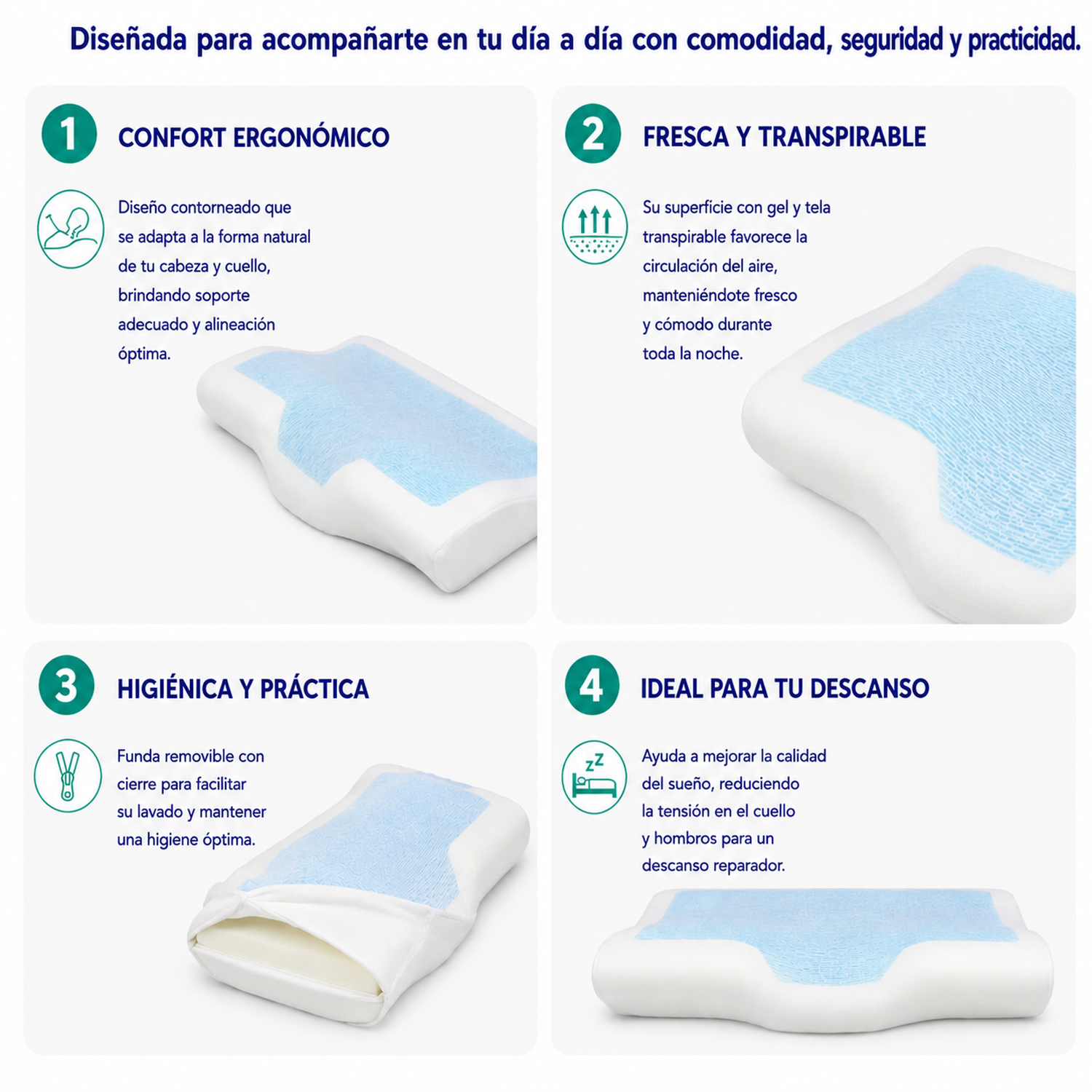 Almohada Cervical Viscoelastica Gel Comfort 60x38x12/8-2