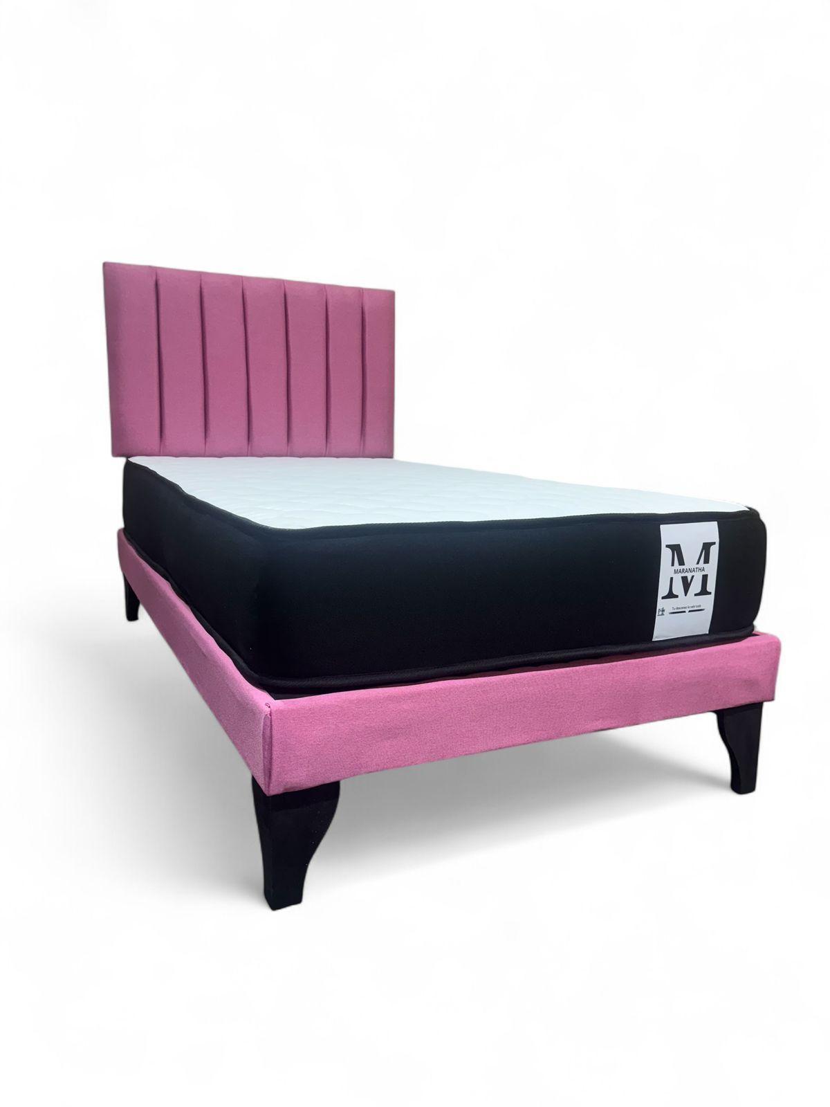Cama plaza y media europea 1.5 base + respaldo + colchon rosado-2