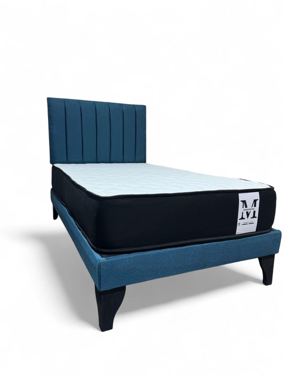 Cama plaza y media europea 1.5 base + respaldo + colchon azul petroleo-2