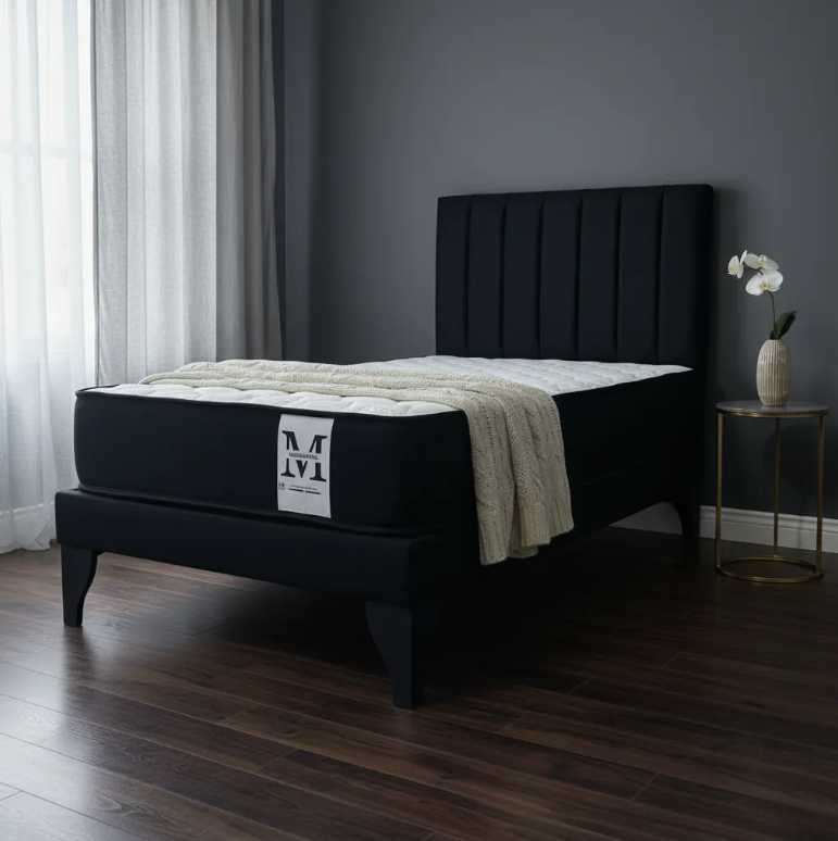 Cama plaza y media europea 1.5 base + respaldo + colchon negro-0
