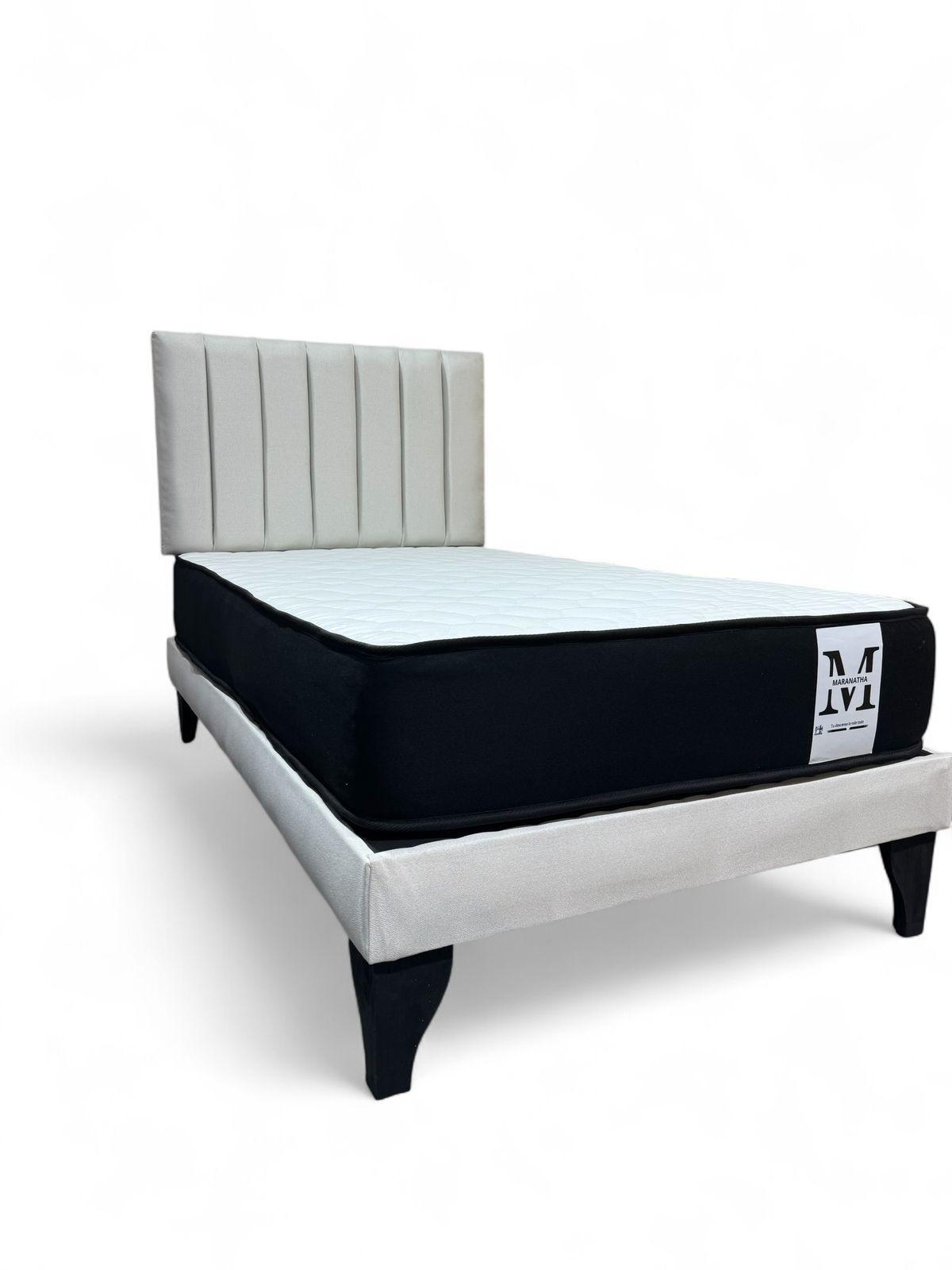Cama plaza y media europea 1.5 base + respaldo + colchon beige-2