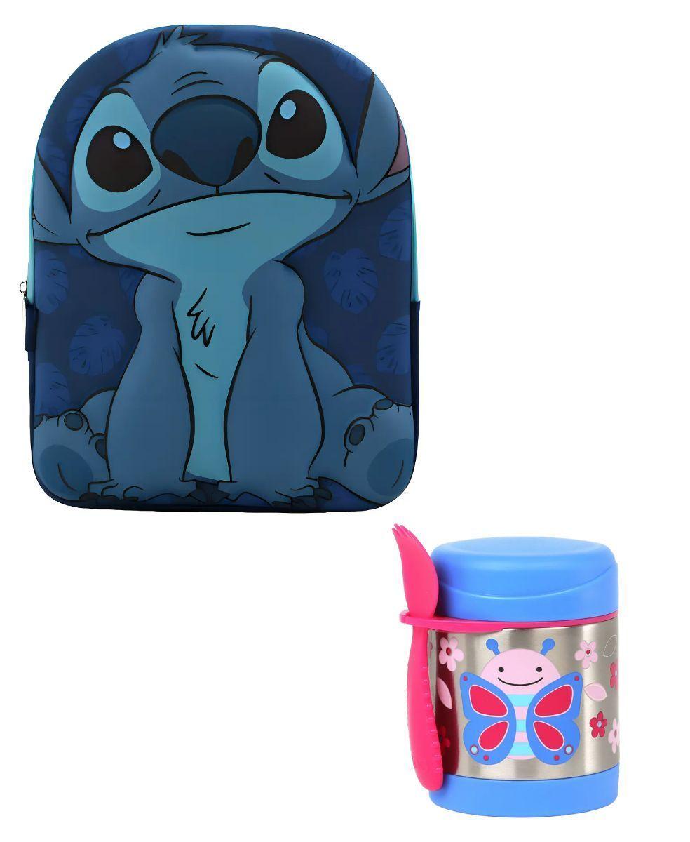Mochila Escolar Intek Stitch Azul 3D M s Termo de Comida-0