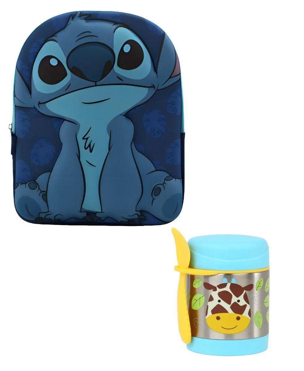 Mochila Escolar Intek Stitch Azul 3D M s Termo de Comida-0