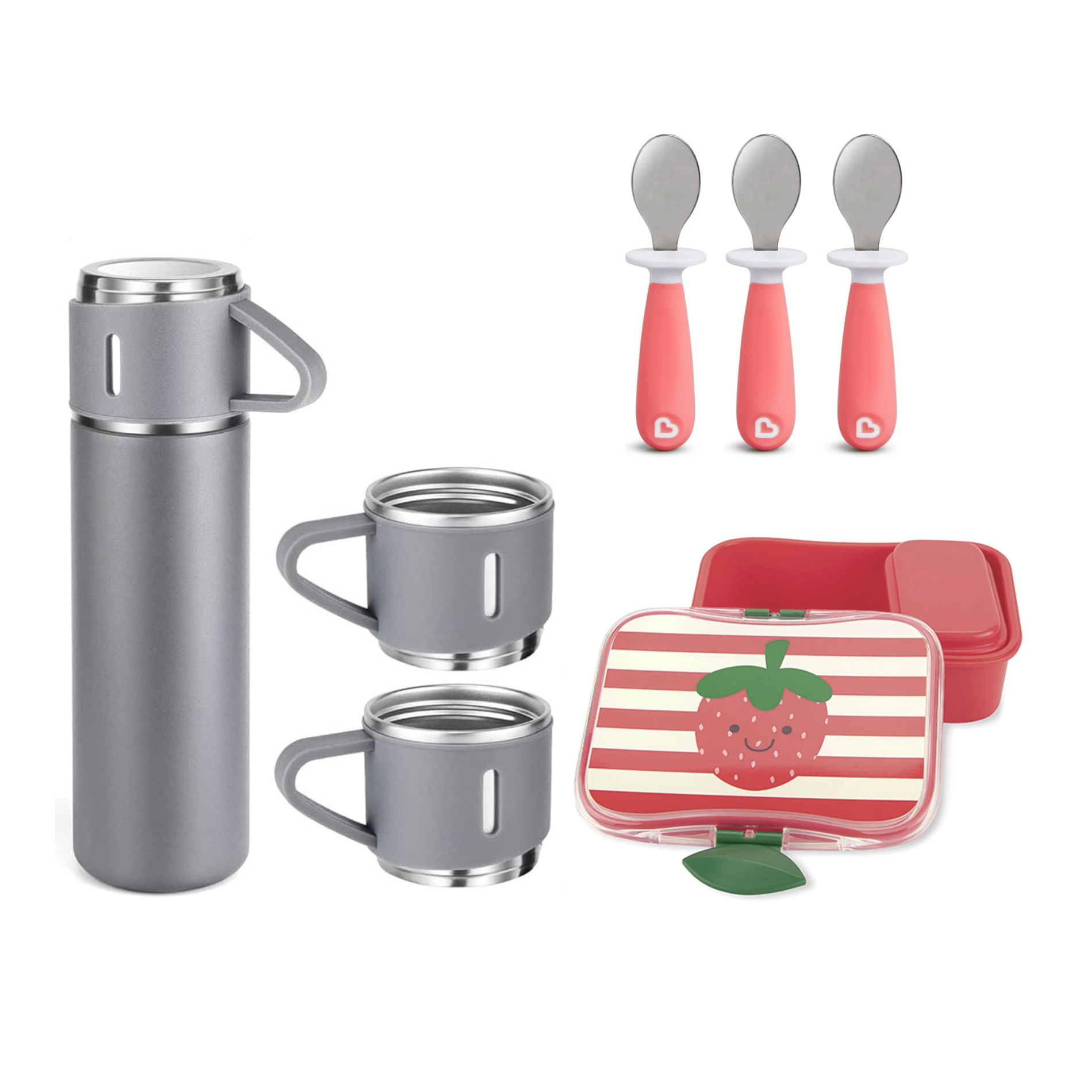 Pack Set super lonchera - termo con 3 tazas gris y cucharas-0