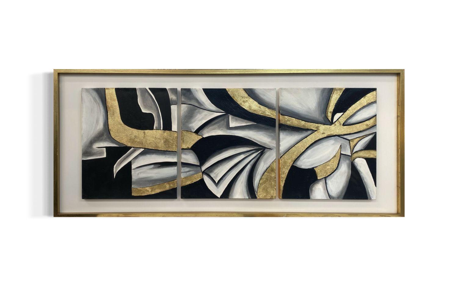 Cuadro Tríptico  Abstracto Gris Dorado Marco Incluido  146X66 CMS-2