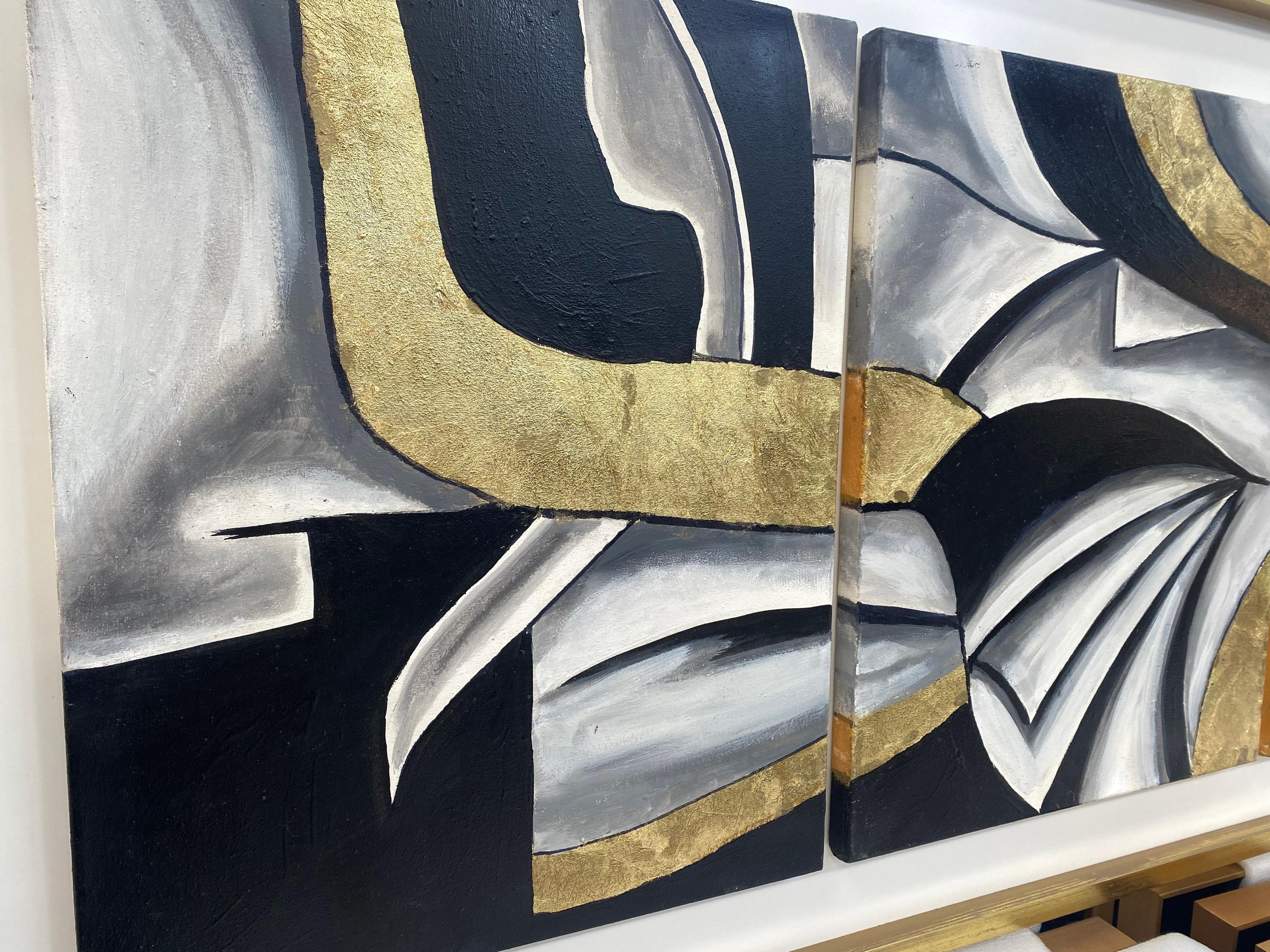 Cuadro Tríptico  Abstracto Gris Dorado Marco Incluido  146X66 CMS-3