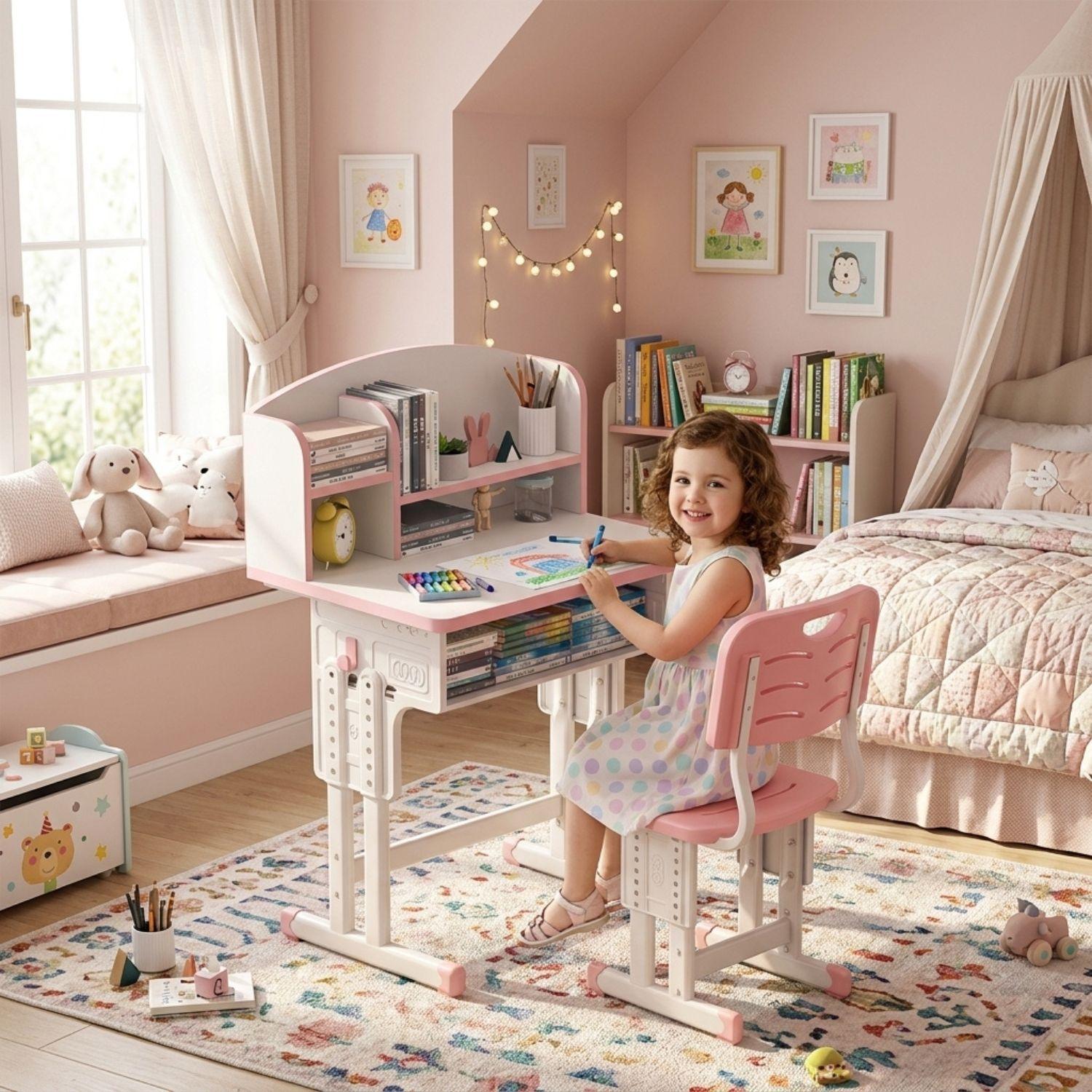 Set De Escritorio Y Silla Infantil Altura Ajustable  Ultra Resistente Con Estantería Rosa-3