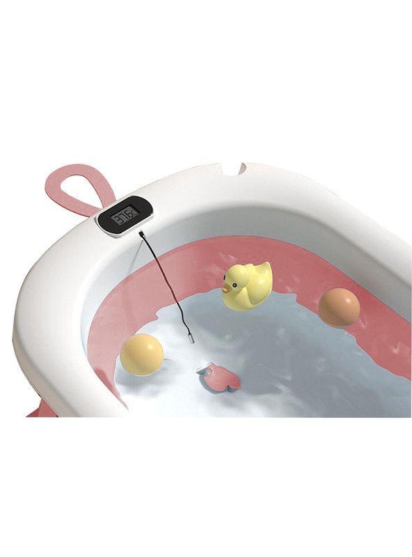Tina Bañera Plegable Bebé con Termómetro Rosado y Cojín Estrella-3