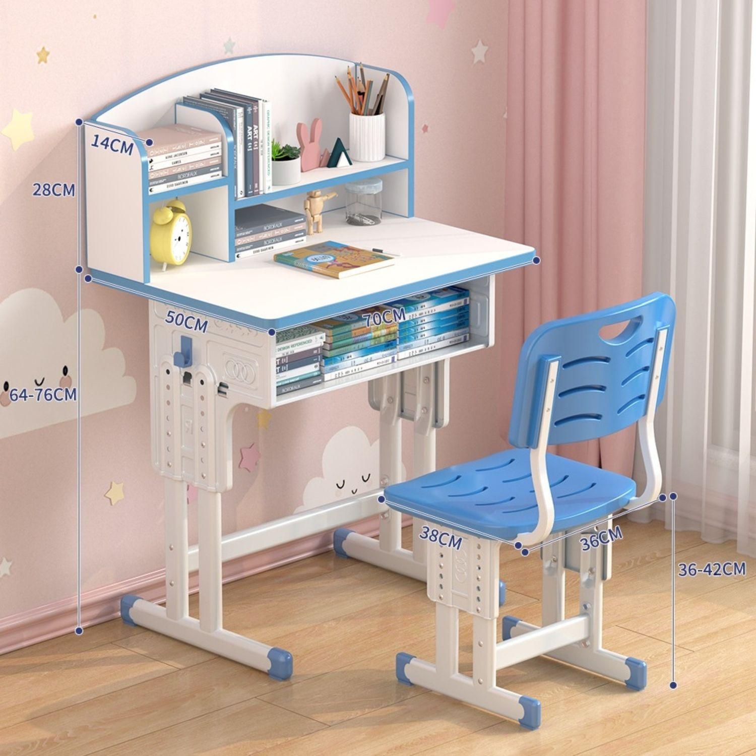Set De Escritorio Y Silla Infantil Altura Ajustable  Ultra Resistente Con Estantería Azul-1