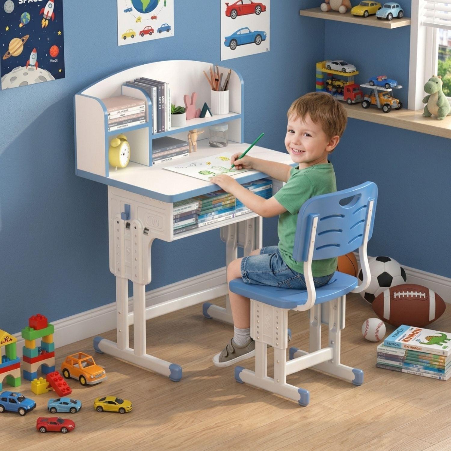 Set De Escritorio Y Silla Infantil Altura Ajustable  Ultra Resistente Con Estantería Azul-2