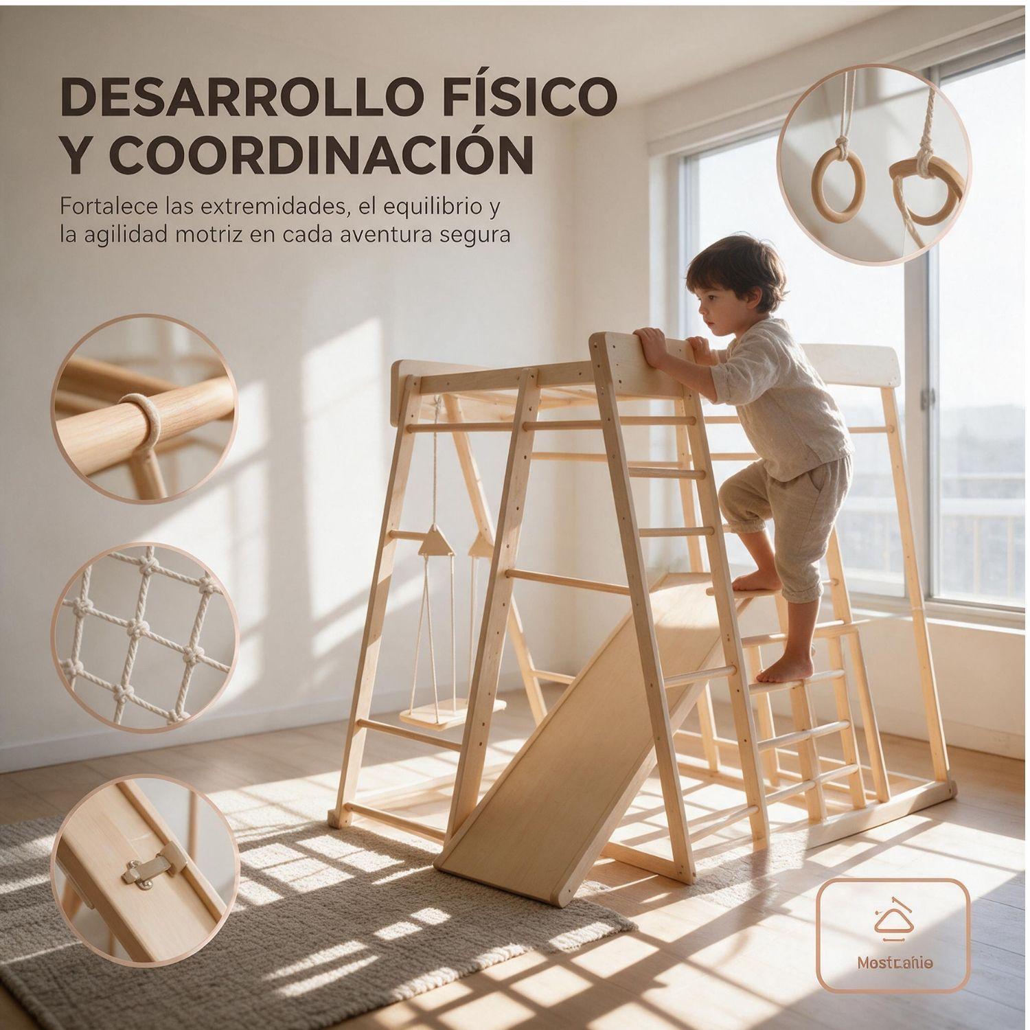 Juego Infantil De Madera Interior Exterior Escalador, Columpio, Resbalín y Cuerdas-0