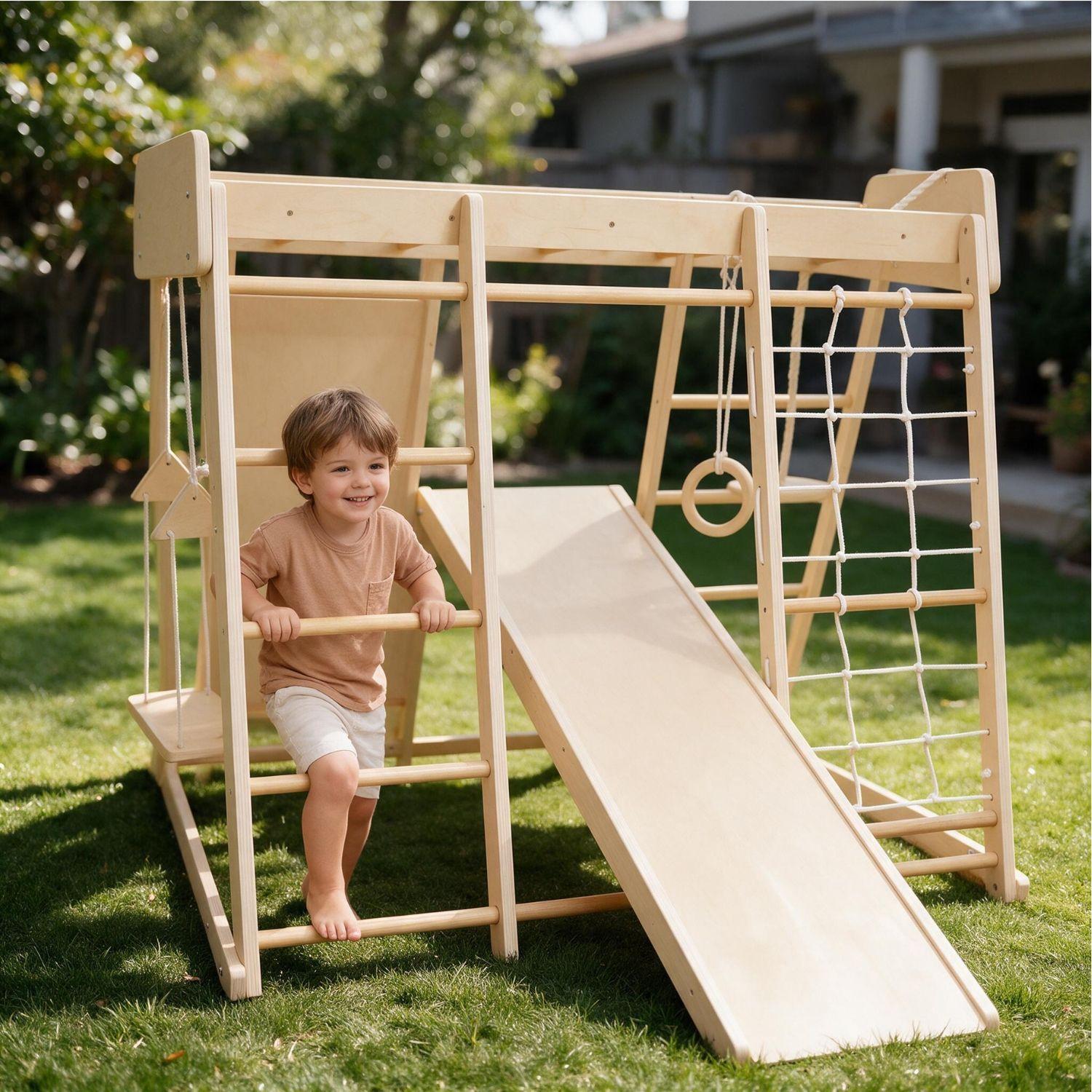Juego Infantil De Madera Interior Exterior Escalador, Columpio, Resbalín y Cuerdas-1