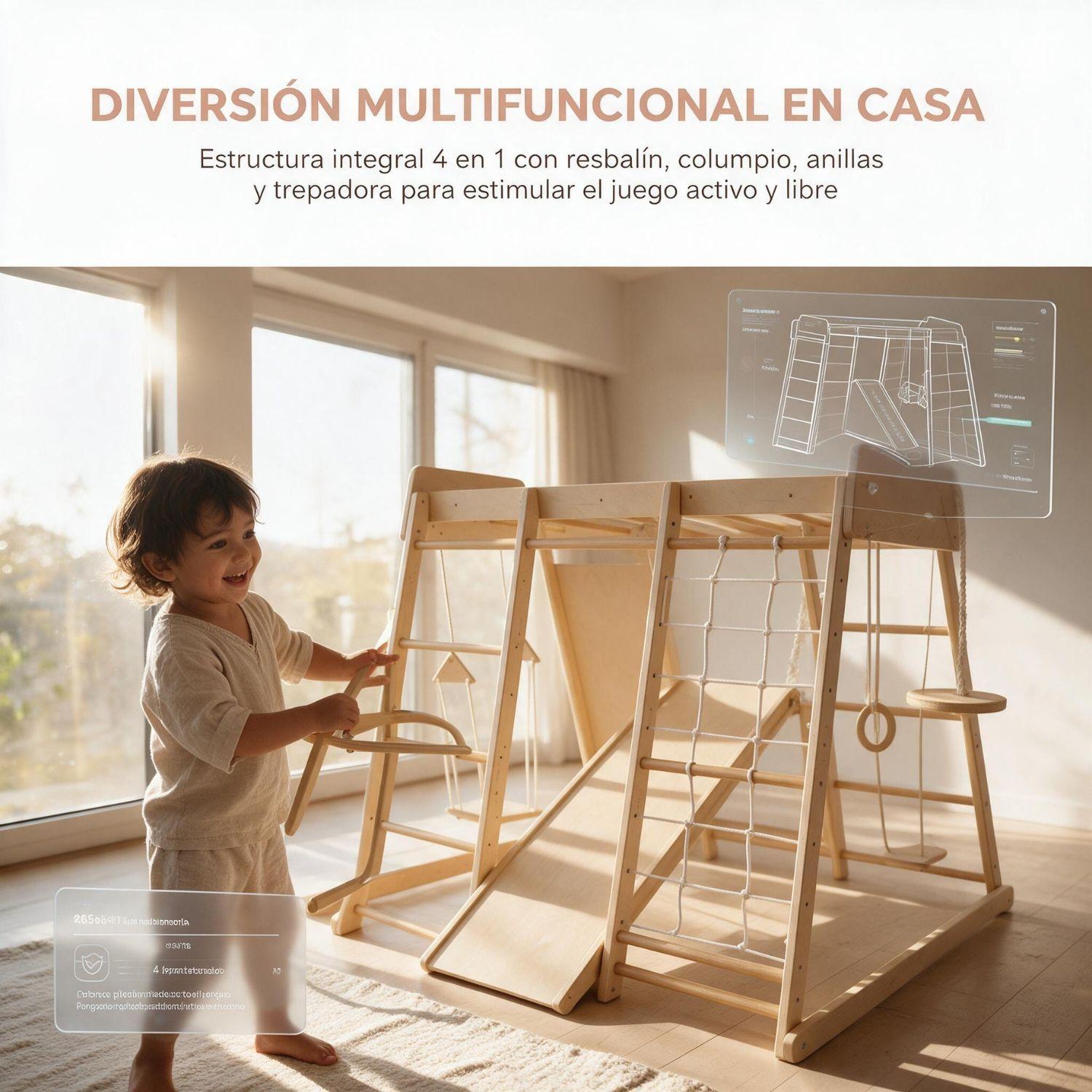 Juego Infantil De Madera Interior Exterior Escalador, Columpio, Resbalín y Cuerdas-3