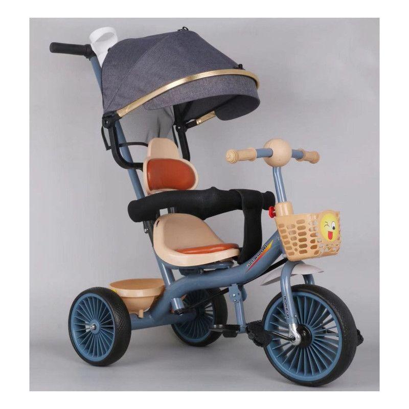 Triciclo Infantil 2 Etapas Metálico con Techo y Barra Guía Azul-1