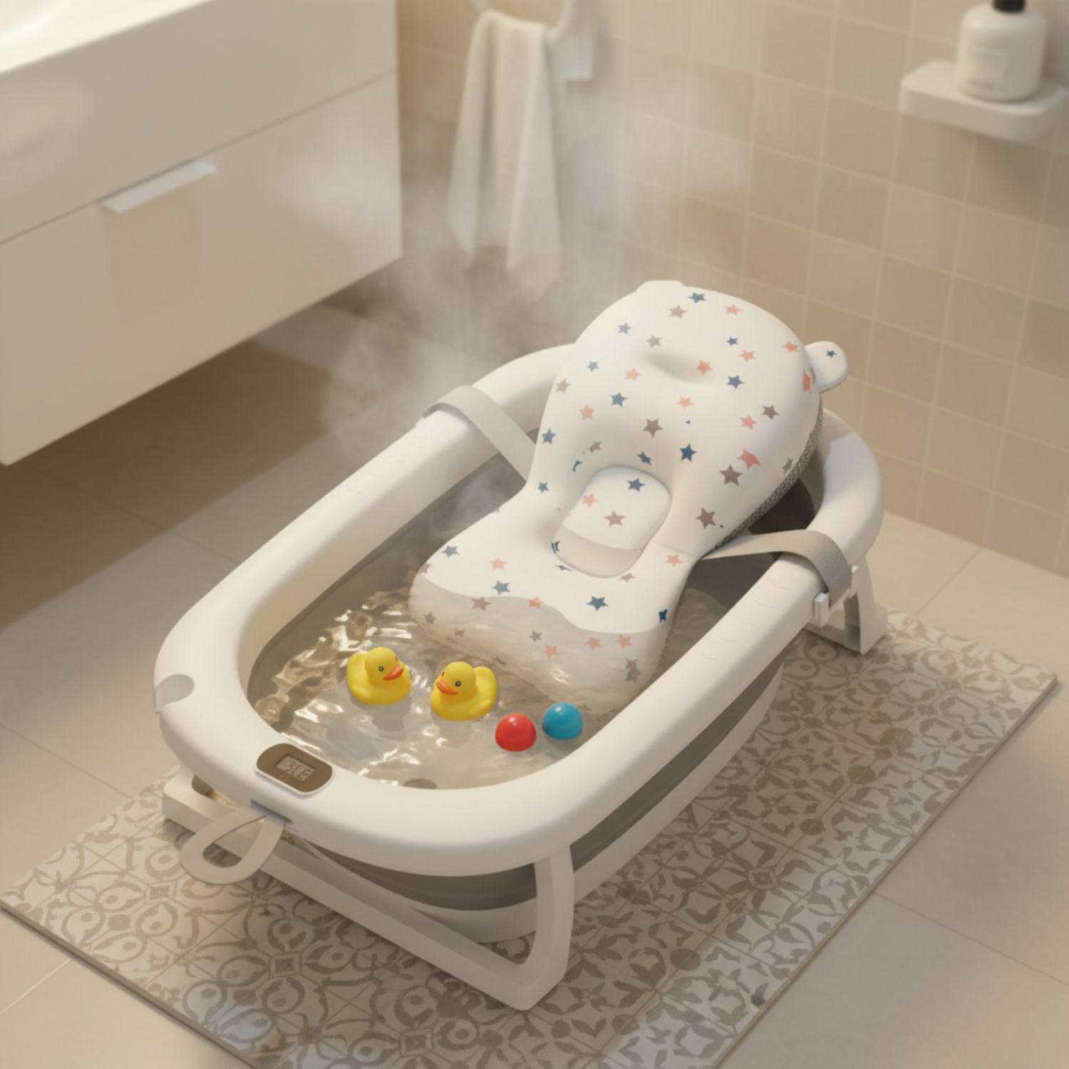 Tina Bañera Plegable Bebé con Termómetro y Cojín Estrella Gris-3