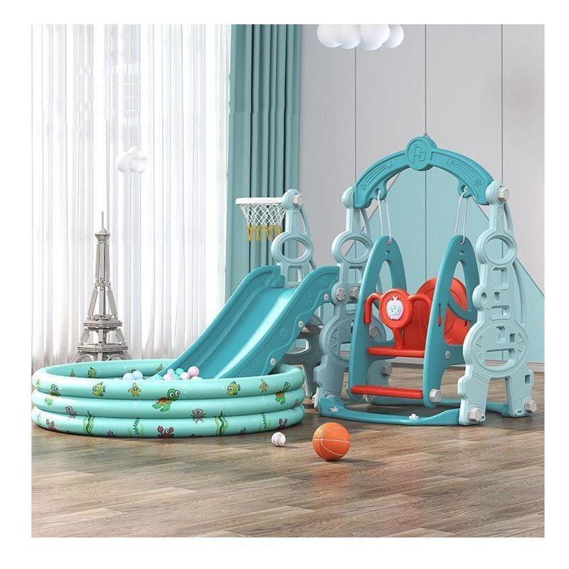 Resbalín Columpio y Piscina Pelotas con Aro Baloncesto Azul-4