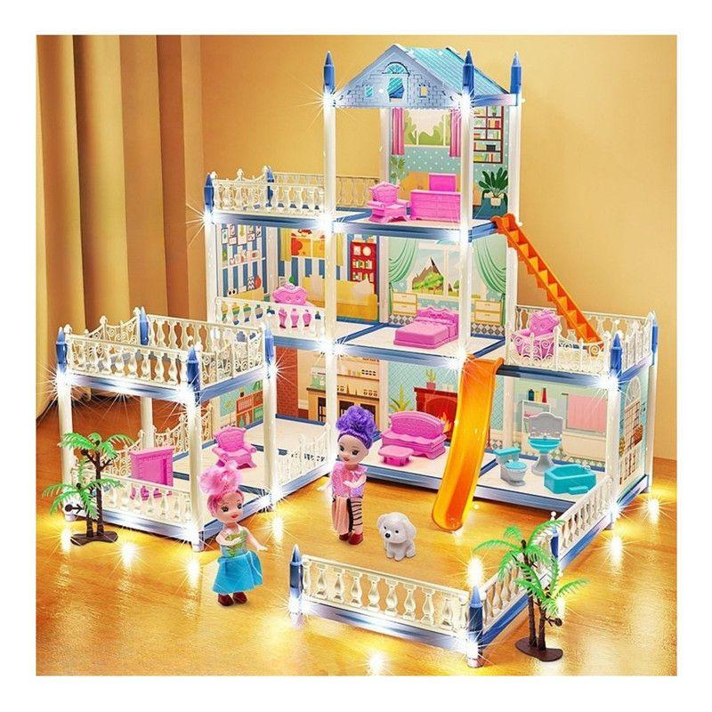 Casa De Muñecas 3 Niveles Con Luces Decorativas Y Accesorios Celeste-2