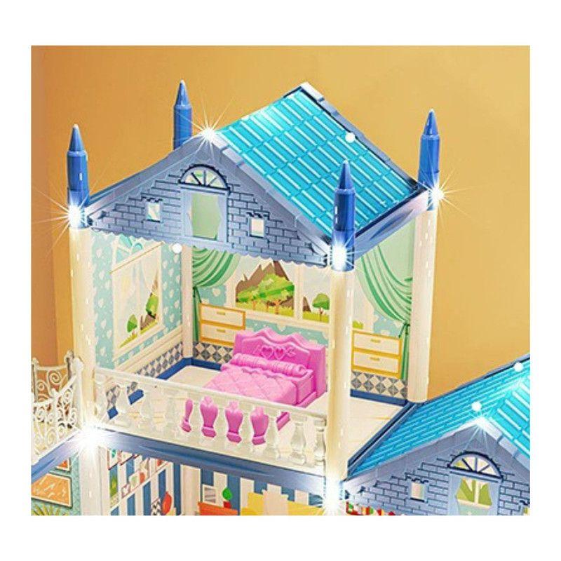 Casa De Muñecas 3 Niveles Con Luces Decorativas Y Accesorios Celeste-3