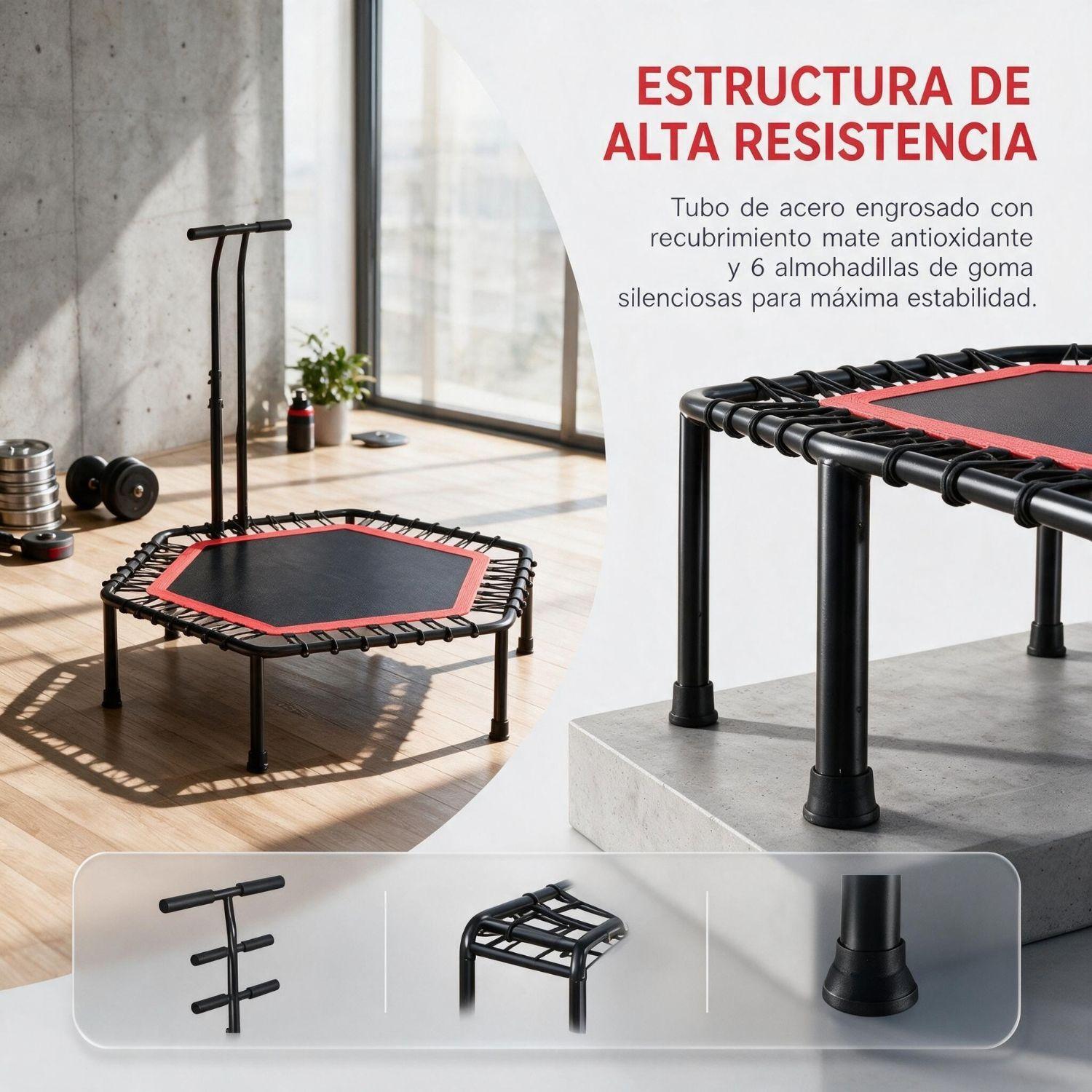 Mini Trampolín Fitness Hexagonal Con Barra De Apoyo Central Rojo-4