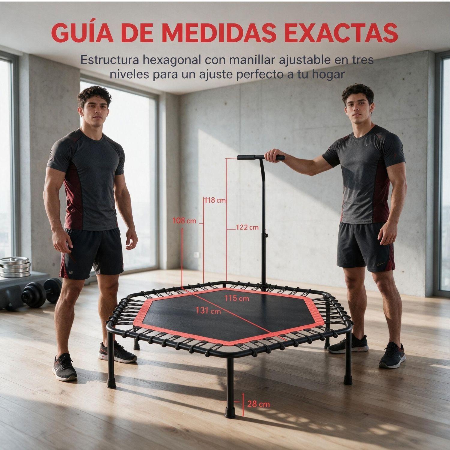 Mini Trampolín Fitness Hexagonal Con Barra De Apoyo Central Rojo-7