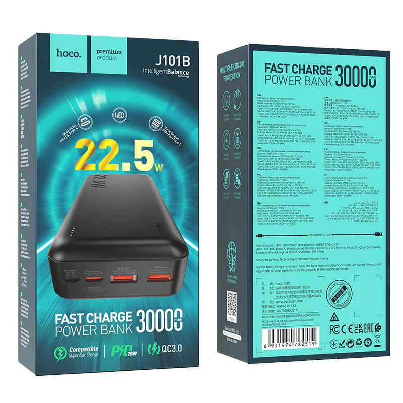 BATERIA PORTATIL POWER BANK HOCO J101B NEGRO 30.000 mAh-2
